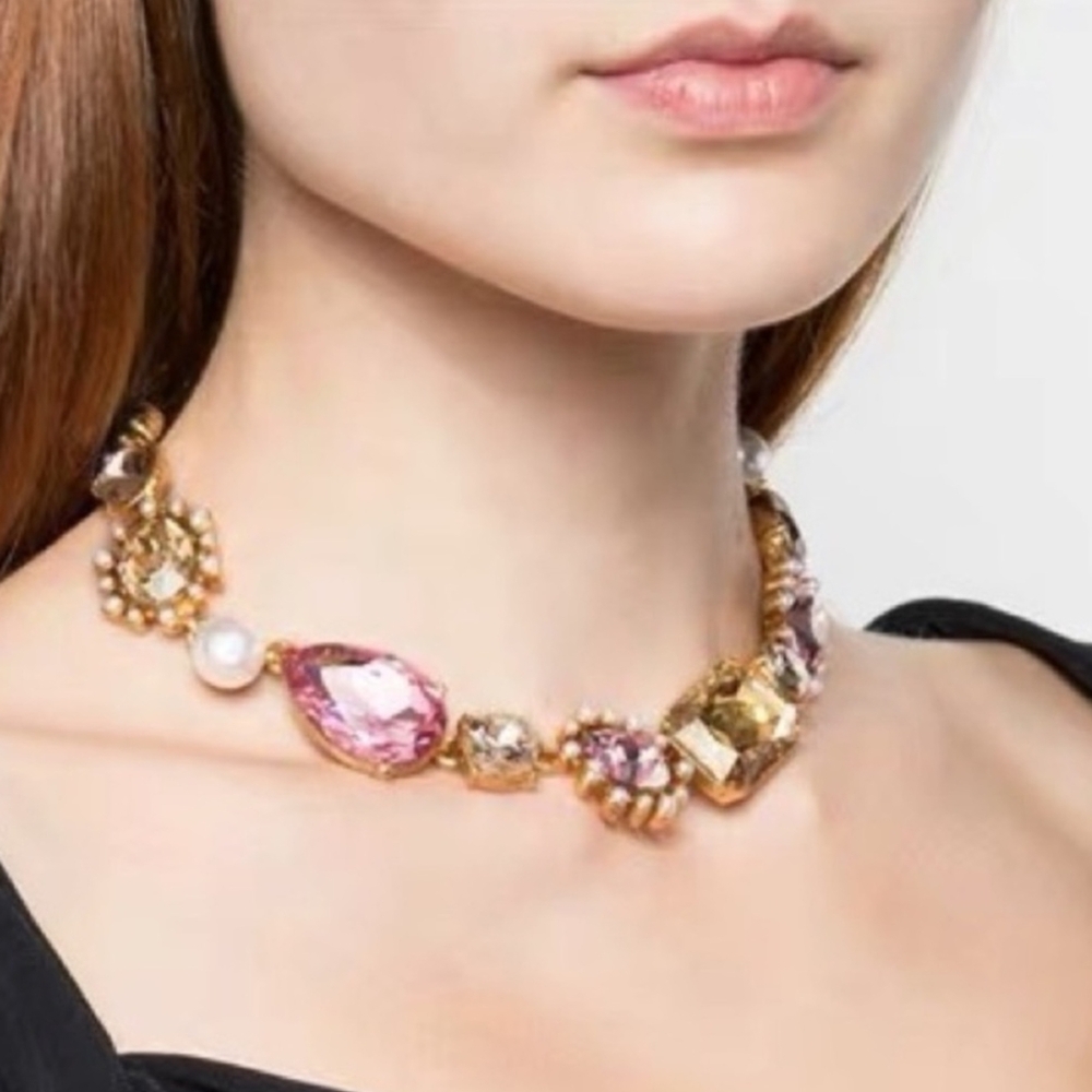 NWT Oscar de la Renta Pink And Gold Gemstone Necklace